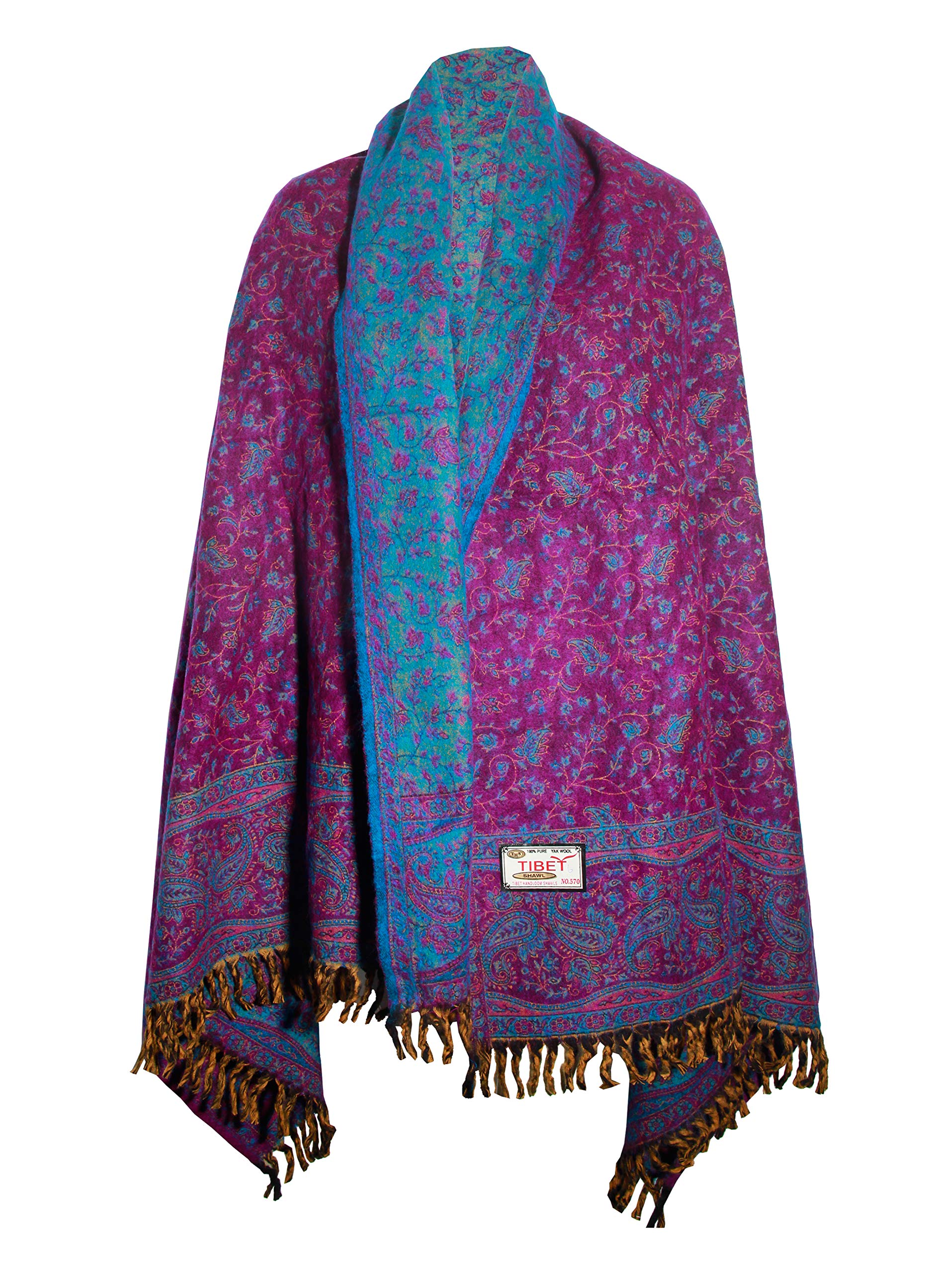 TIBET Handgefertigter luxuriöser Schal mit floralem Muster, übergroß, wendbar, aus reiner Yakwolle, Violett / Blau, violett, blau, One size