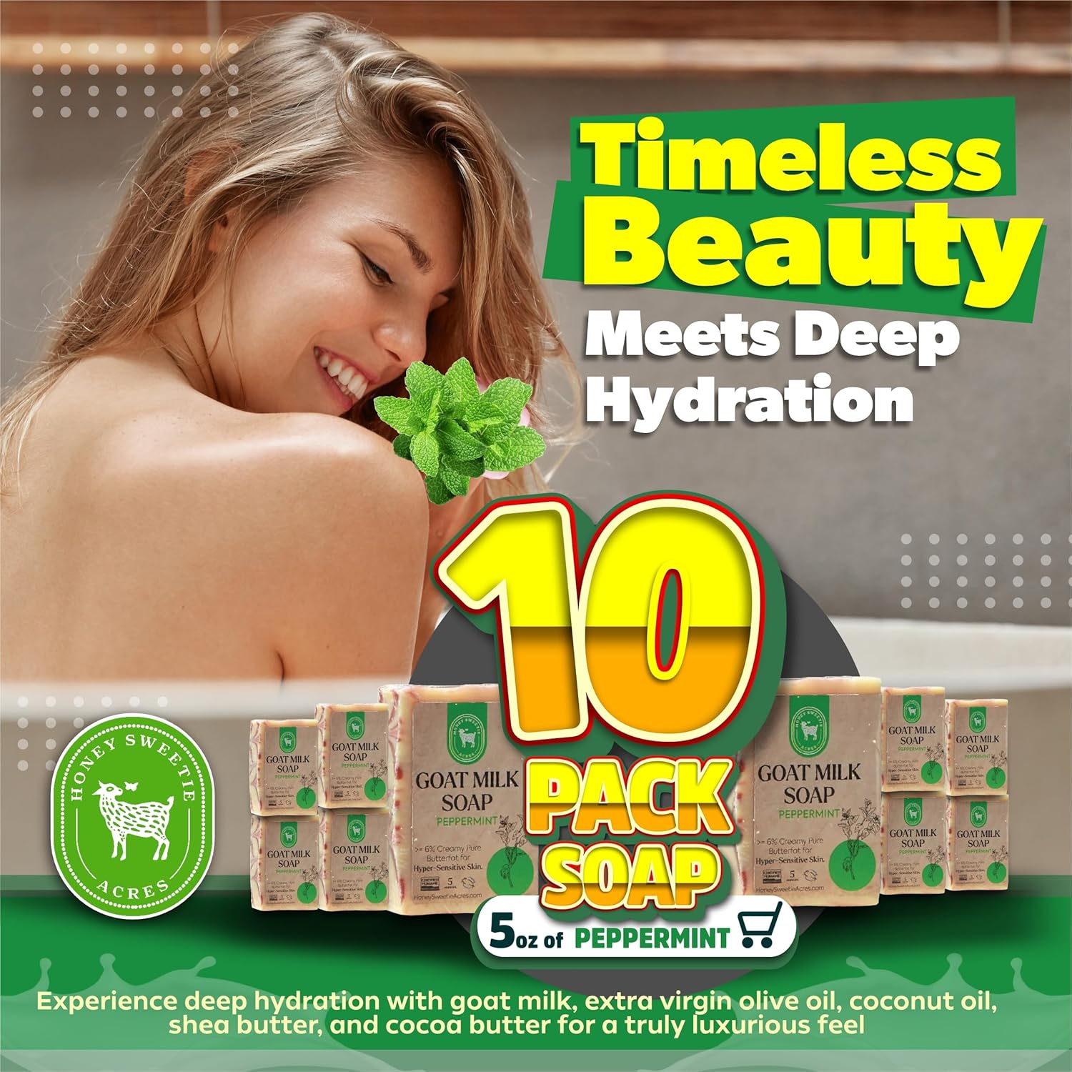 Honey Sweetie Acres 10-Pack of Peppermint Goat Milk Soap - Handmade 5 oz Bar, Made with Natural Ingredients, Moisturizing & Gentle, Made in the USA