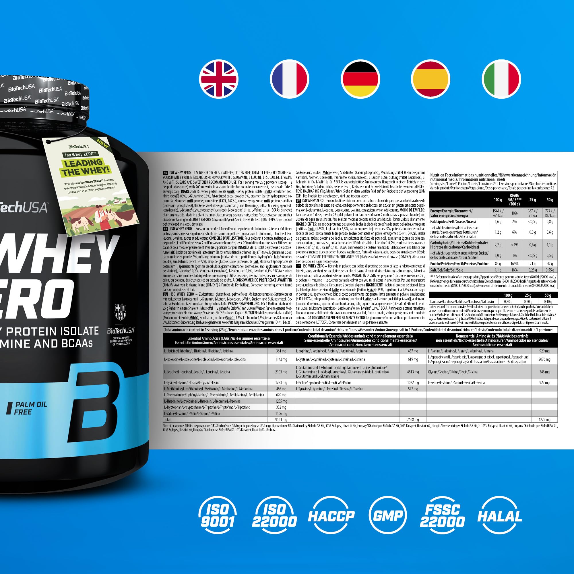 BioTechUSA Iso Whey Zero | Premium Whey Protein Isolate | Grass-Fed | Enzyme-Free | Sugar- and Gluten-free, 1816 g, Chocolat
