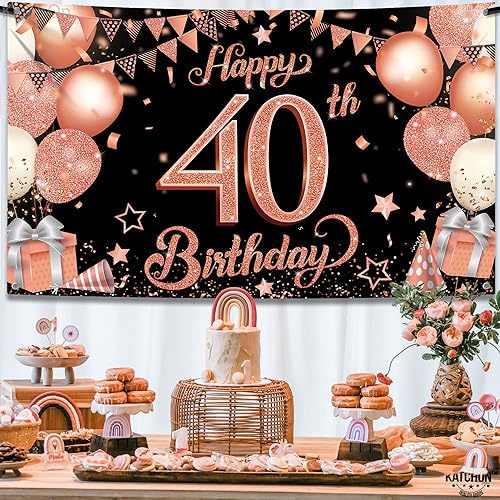 Miniatura 2 de KatchOn, Pancarta de cumpleaños número 40 de oro rosa, extragrande, 72 x 44 pulgadas, telón de fondo de cumpleaños 40, pancarta de feliz cumpleaños