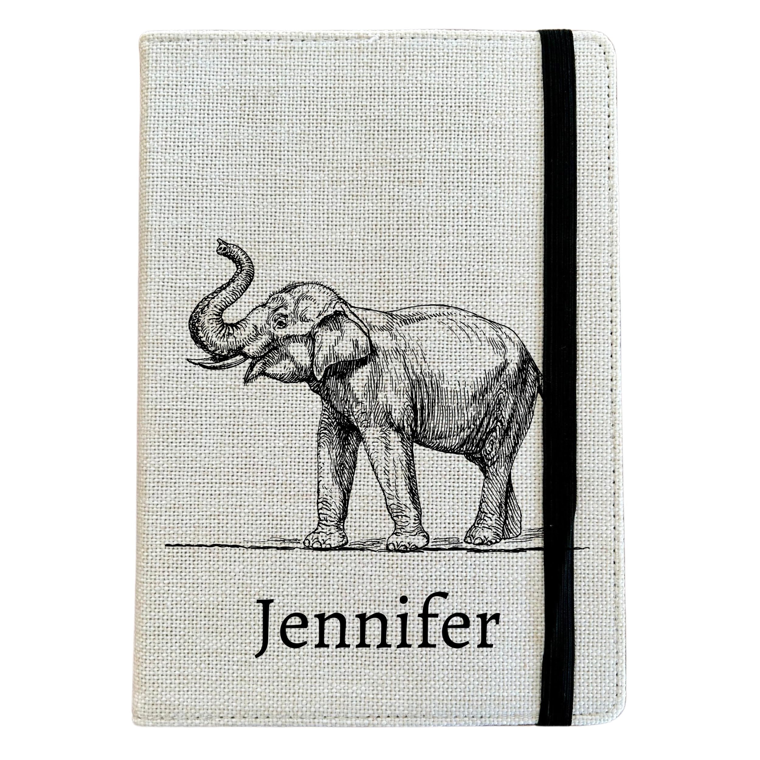 Personalised Elephant A5 Notebook - Custom Zoo Animal Lined Journal - Reusable Safari Notebook Cover - Linen Hardback Journal Cover Gift