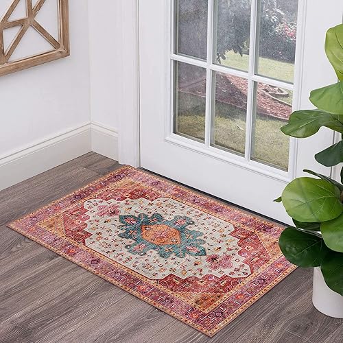 Vista 346 de Moynesa Alfombra de pasillo ultrafina lavable, vintage, de 2 pies 6 x 8 pulgadas, antideslizante, resistente a las manchas, resistente a