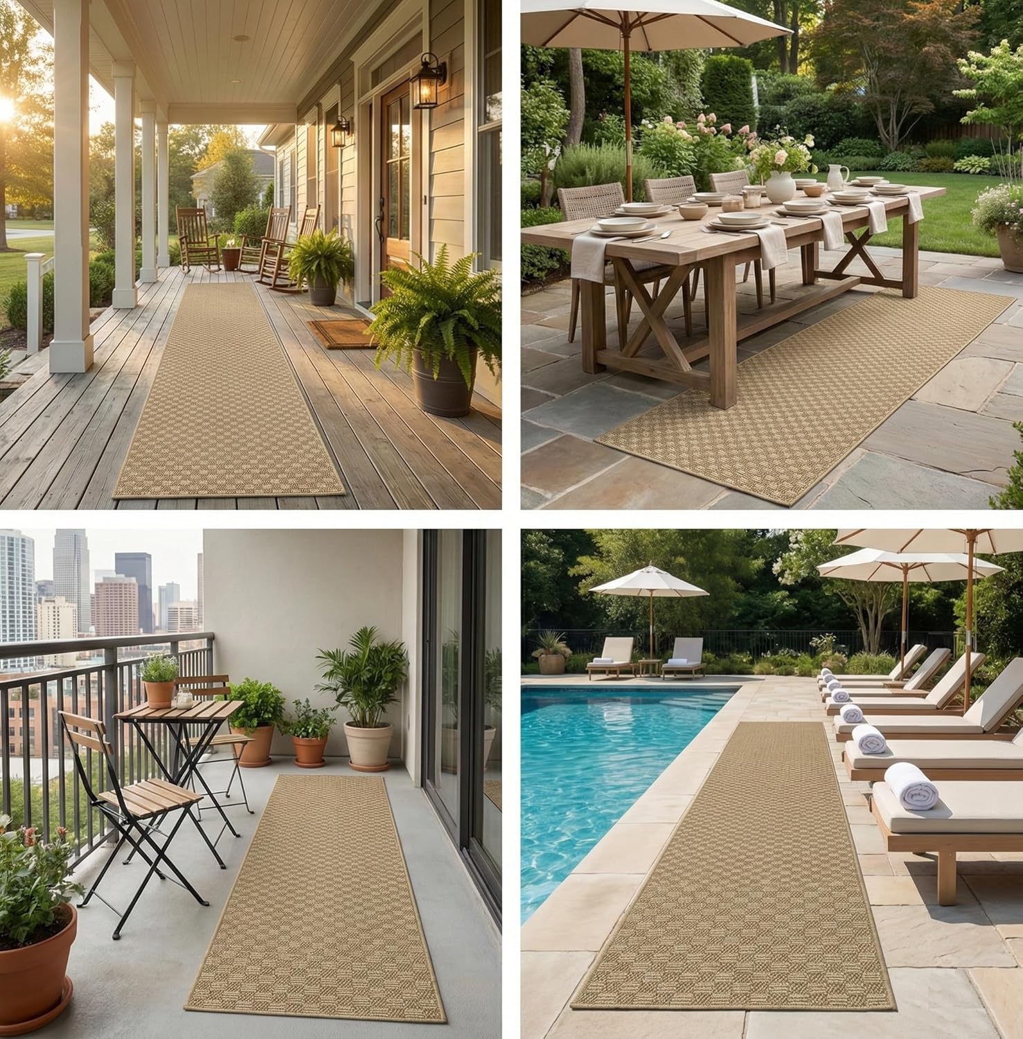 Well Woven Custom Size Indoor Outdoor Runner Rug - 26 Inch Wide (26' x 17' Runner) - Alto Heritage Natural Beige Pet Friendly Flatweave Hallway, Stairs, Patio, RV, Kitchen High Traffic Areas