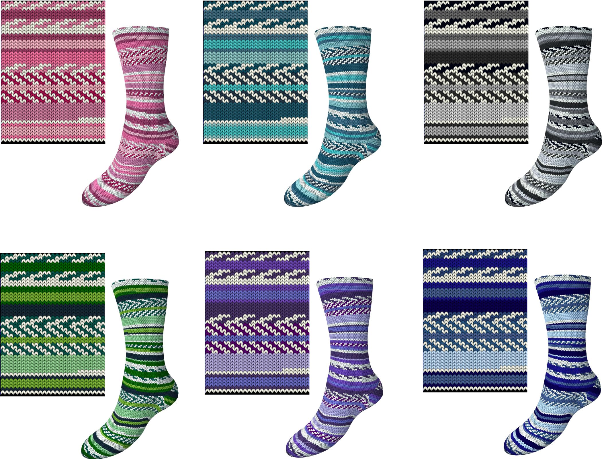 Lana per Calze Comfort 4 Fili - Set 6 x 100 g, Lunghezza 420 m, Mix Colorato alla Moda, Motivo Direttamente dal Knaul - Serie 01