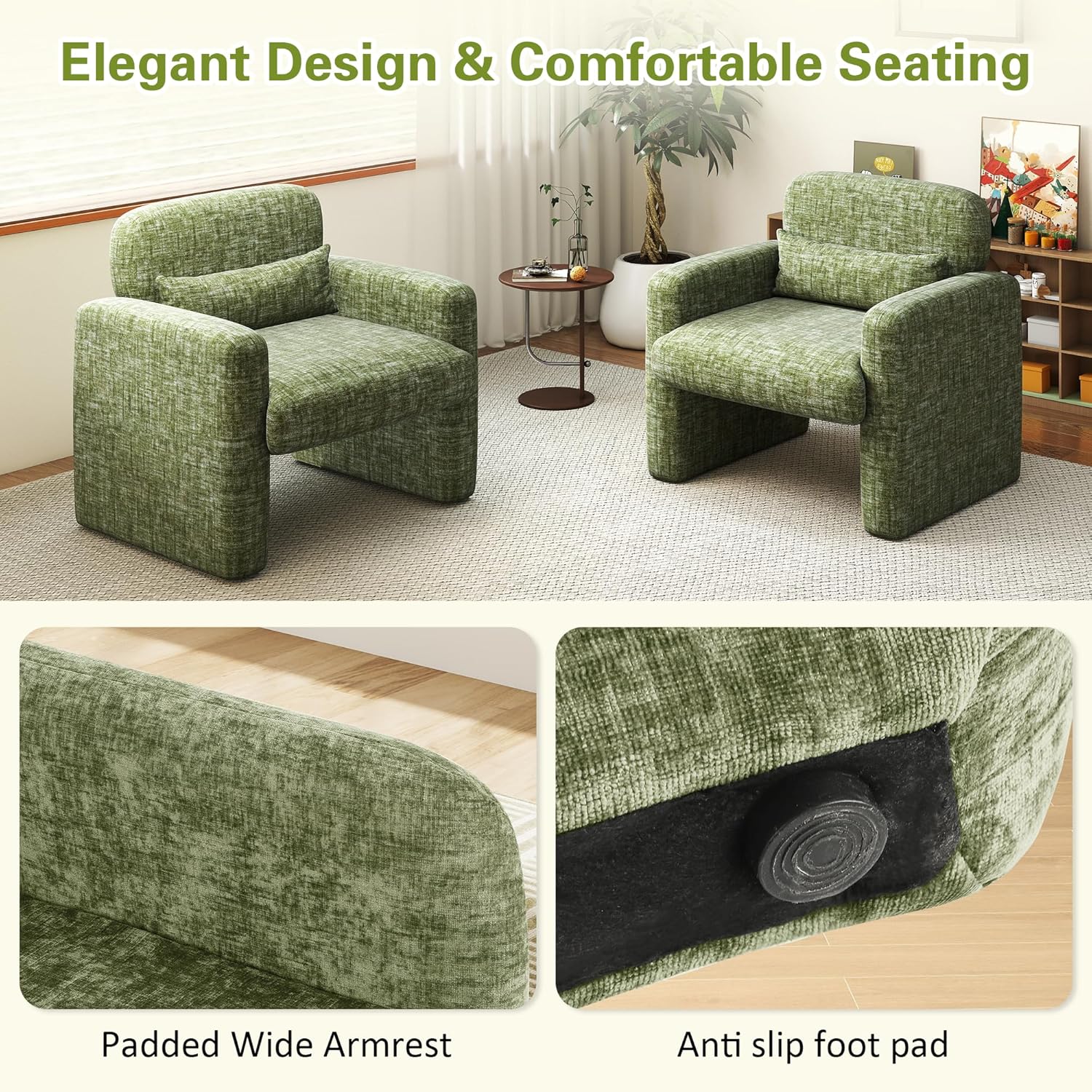 LSSPAID Modern Accent Chairs, Chenille Fabric Armchairs for Living Room, Comfy Upholstered Leisure Single Sofa Chair with Lumbar Pillow for Bedroom, Balcony, Office (Green, Set of 2)