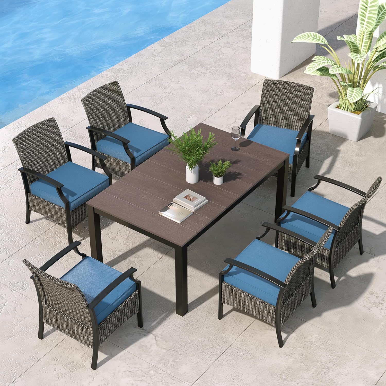 Grand patio 7 Pieces Outdoor Dinning Sets, E-Coated Dining Chairs Traditional Wicker Patio Furniture for 6, Including Chairs with Cushions & Wood Grain Table with Umbrella Hole for Backyard, Deck,