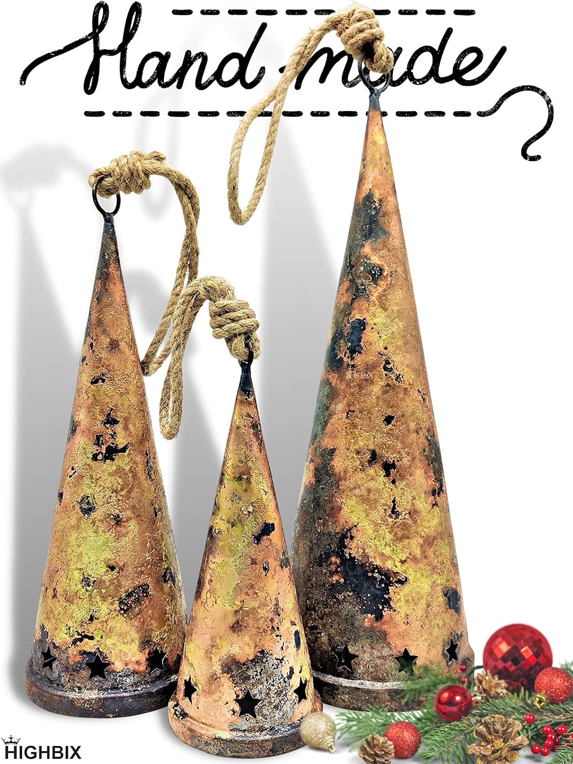 HIGHBIX Set of 3 Giant Harmony Table Top Hanging Bells Huge Vintage Handmade Country Rustic Lucky Christmas Hanging XL Bells (Hanging)