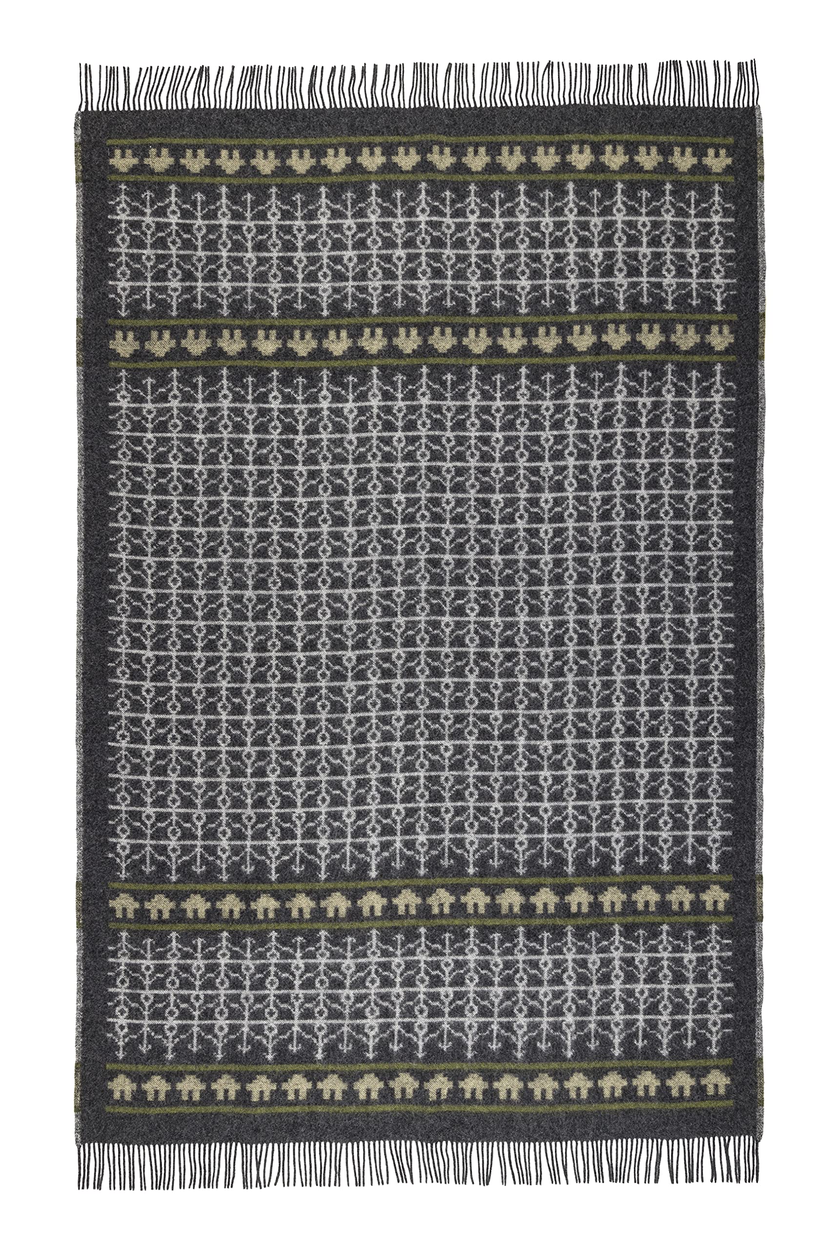 ÖJBRO VANTFABRIK Ekshärad Sot wełniany koc z frędzlami 130 x 220 cm różowy/szary/zielony 100% wełna merynosowa dziergany pled koc dzienny Quilt ciepły miękki - wyprodukowano w Szwecji