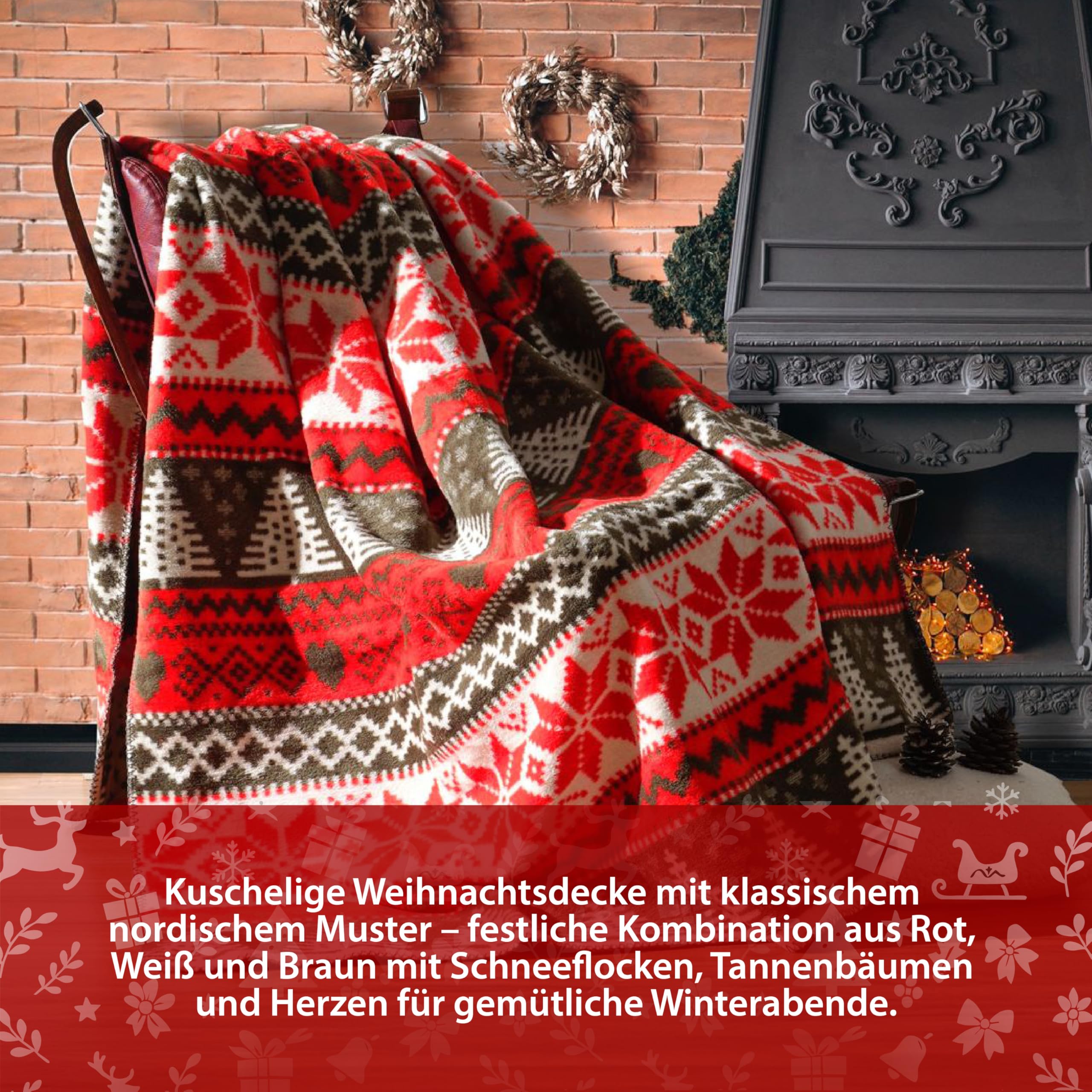 Weihnachtsdecke 200x150 cm Rot - Kuschelige warme Winterdecke mit Schneeflocken, Herzen & Bäumen - Festliche Sofadecke - Flauschdecke - Decke aus Baumwollmix - Kuscheldecke Weihnachten