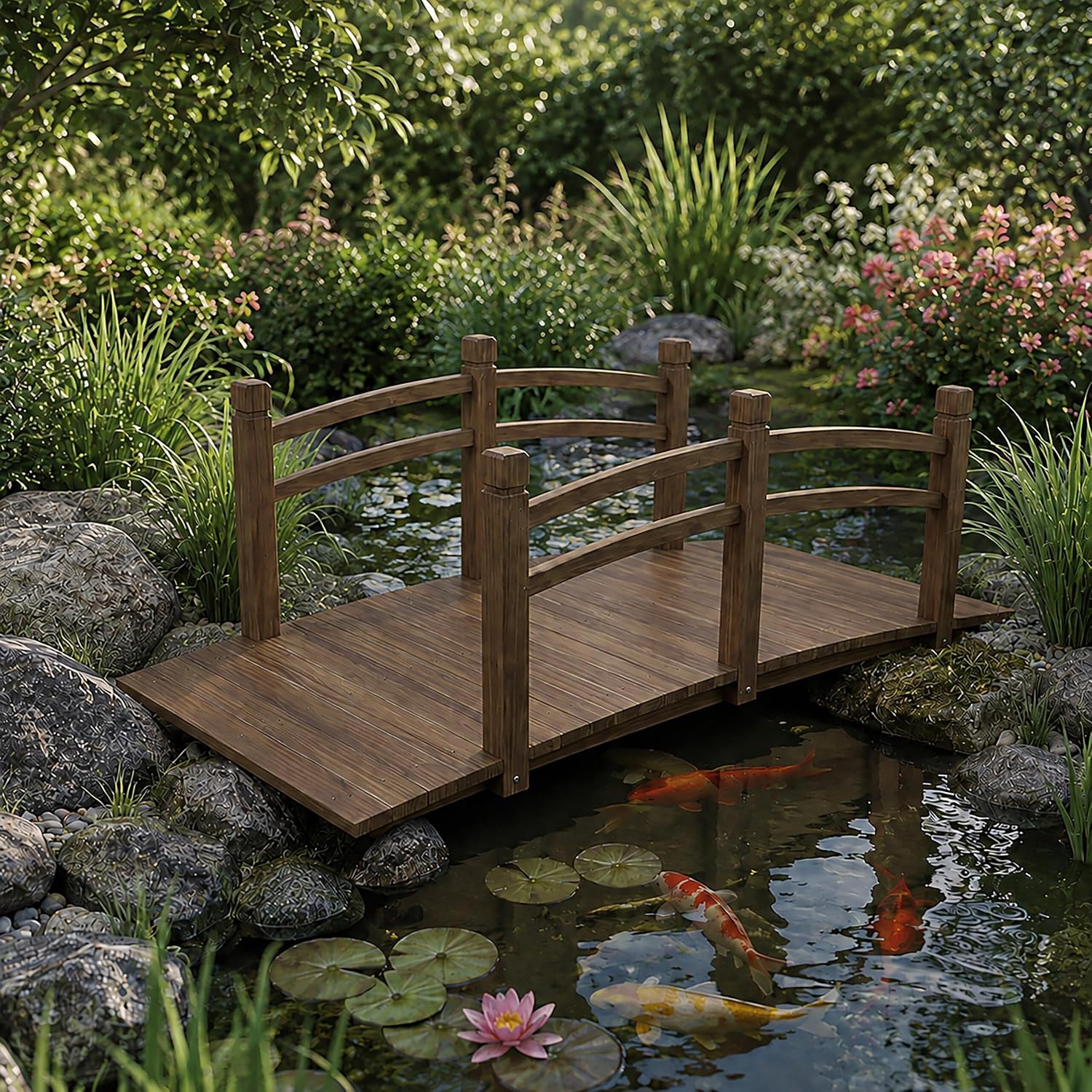 Relaxdays Garden Bridge, with railing, fir, for garden pond, HxWxD: 55 x 150 x 67 cm, 150 kg, brown