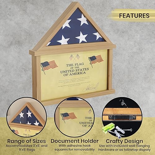 Vista 2 de HBCY Creations Vitrina de bandera con soporte para certificado para bandera de entierro de veteranos estadounidenses de 5 x 9.5 pies, madera maciza