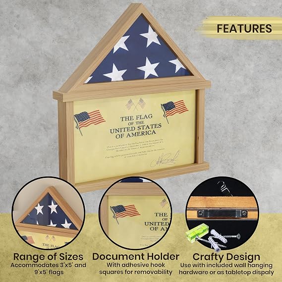 HBCY Creations Flag Display Case with Certificate Holder for 5' x 9.5' American Veteran Burial Flag, Solid Wood with Glass Front with Wall Mount or Standing Display, Weathered Wood