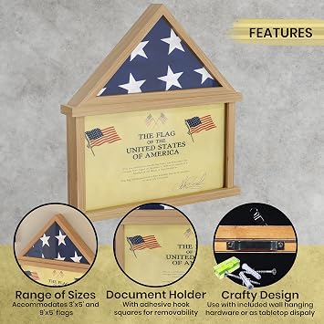 HBCY Creations Flag Display Case with Certificate Holder for 5' x 9.5' American Veteran Burial Flag, Solid Wood with Glass Front with Wall Mount or Standing Display, Weathered Wood