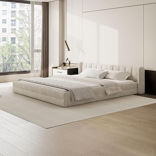 Miniatura 19 de DEINPPA Bastidor de cama tamaño Queen con 4 cajones de almacenamiento y cabecera suave tipo nube, base de madera con tapizado de chenilla, no