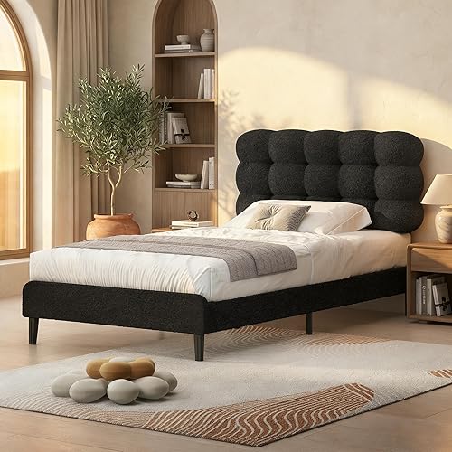 Miniatura 11 de Base de cama individual BarnFurin, cama plataforma con cabecero tapizado, base de cama de tela de bouclé suave con soporte de listones de madera,