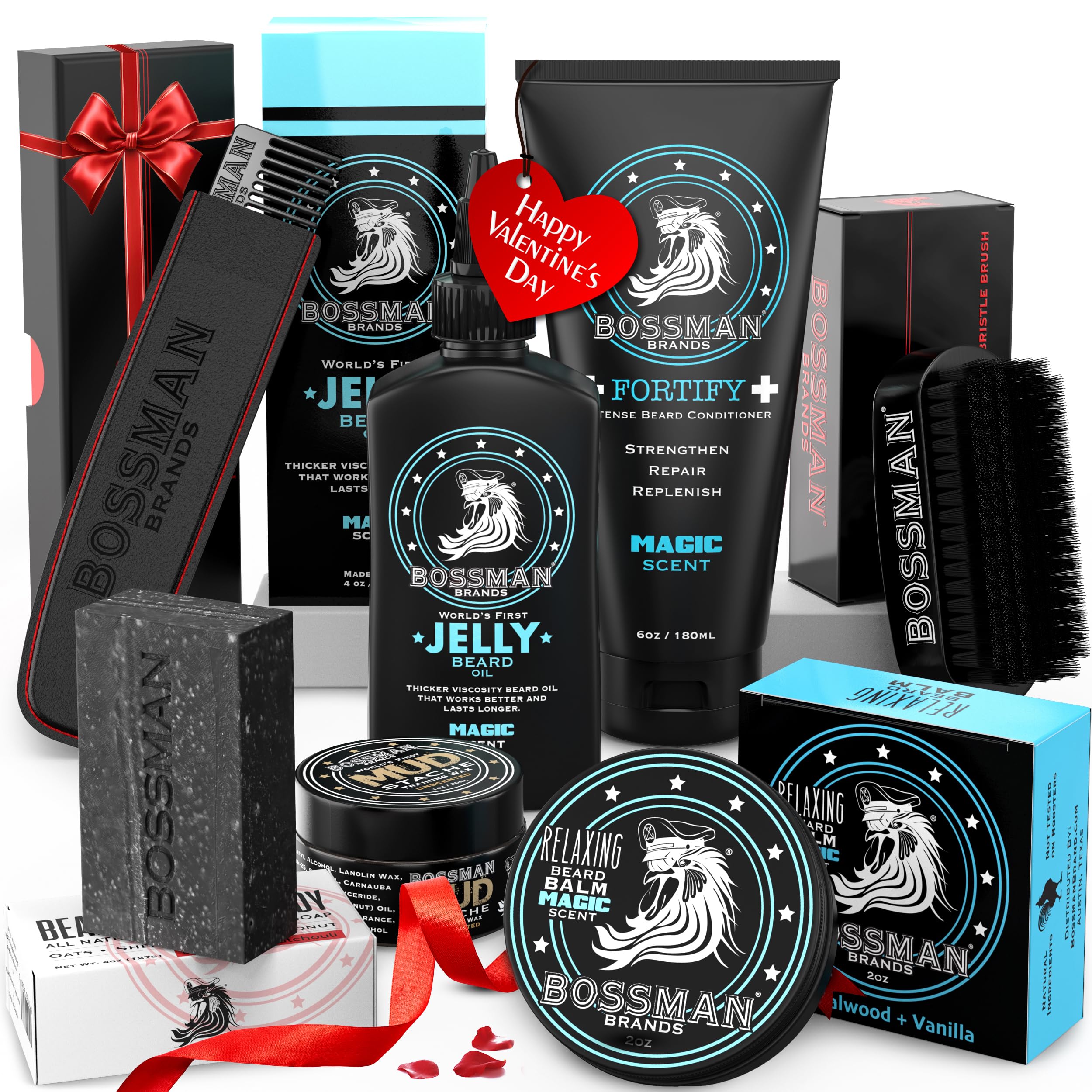 Bossman Big Boss Beard Care Kit for Men - 7 Piece Beard Grooming Kit with Jelly Beard Oil, Beard Conditioner, Beard Balm, MUDstache Wax, Bar Soap, Metal Comb, Brush - Gift Set for Men (Magic)