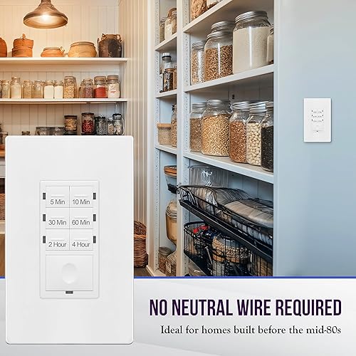 Miniatura 5 de ENERLITES apagador con temporizador de cuenta regresiva de 4 horas sin cable neutral, 5-10-30-60 min, 2-4 horas, para extractores de baño,