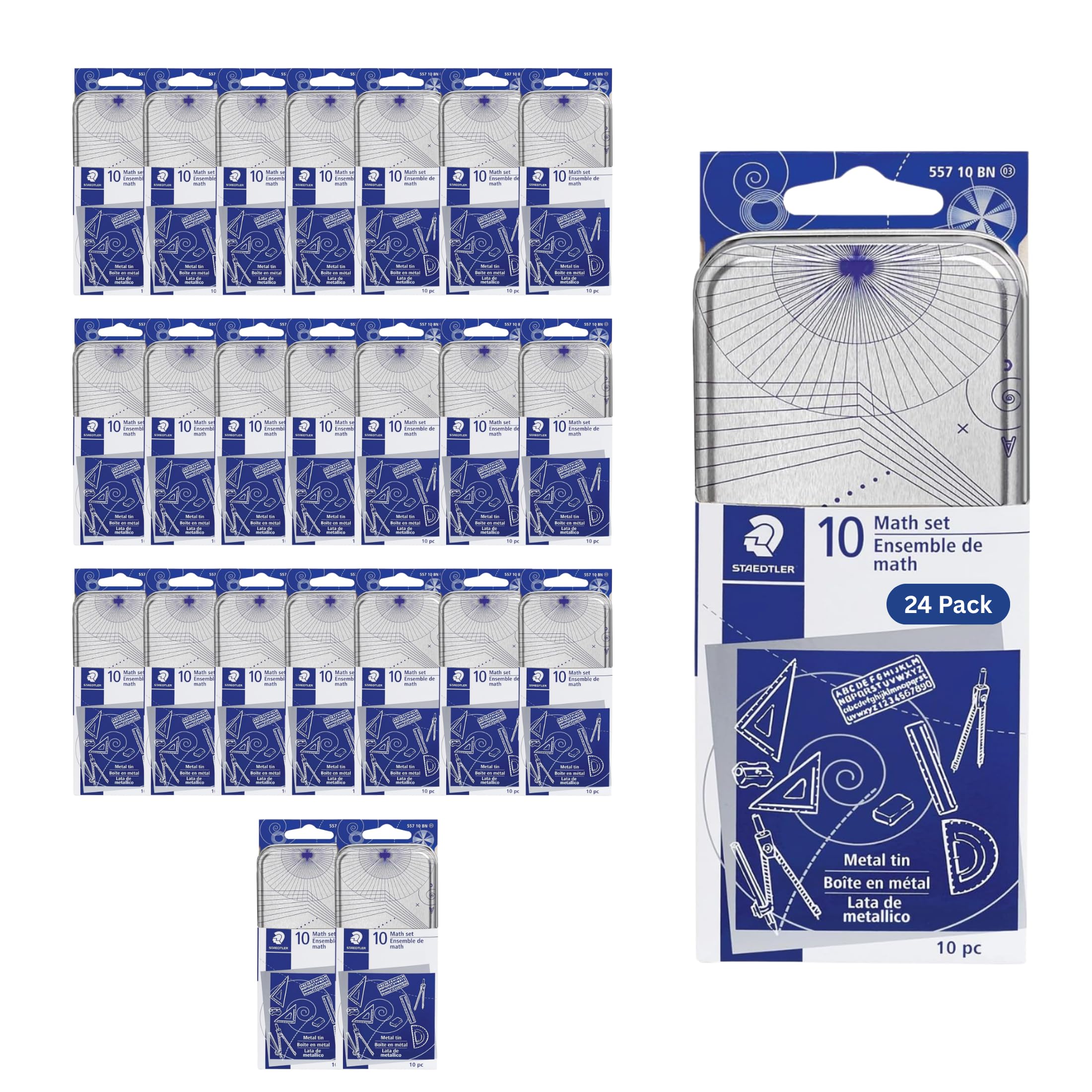 STAEDTLER 10-Piece Math Set with Metal Compass 24-Pack (24 Sets of 10 pcs), 6" Ruler & Triangle Squares, 45° & 30/60° Set Squares, Alphabet Stencil - Measuring Tools, 240 Count