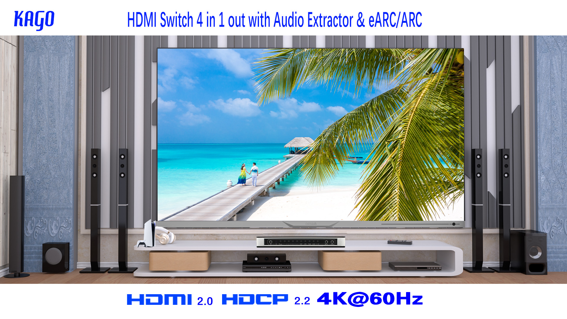 Commutateur HDMI 4 En 1 Avec Séparation Audio - Support 4K 60Hz, Dolby Atmos, HDCP 2.3 - Pour Home Cinéma