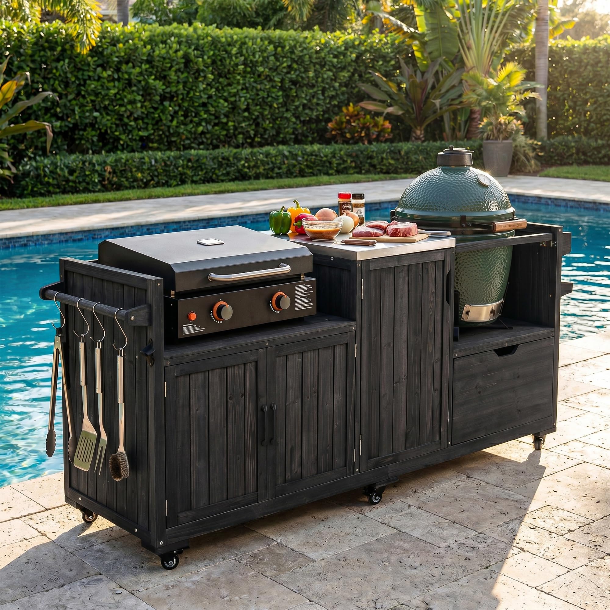 Merax 80.5" Outdoor Kitchen Island for Big Green Egg&amp; Blackstone Griddle, Solid Wood Grill Cart Table with Stainless Steel Top, Drawer for Large Big Green Egg and 21"/28" Blackstone Griddle, Black