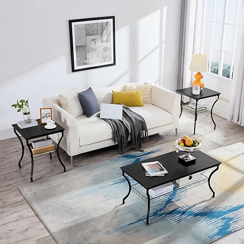 Miniatura 7 de Juego de 3 mesas de sala de estar VECELO, mesa de centro y mesas de rincón con estantes de almacenamiento abiertos para apartamento, oficina en