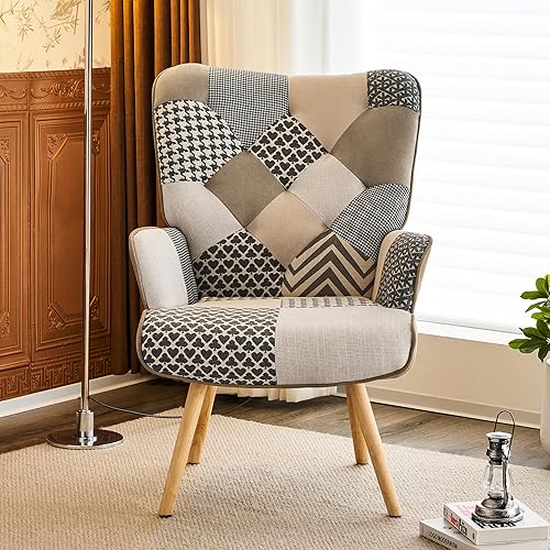 Miniatura 9 de Accent Chair, Living Room Chair, Modern High Back Armchair, Colorful Patchwork Reading Chairs for Bedroom, Lounge Chair with Linen Fabric Shell and