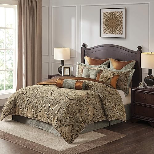 Hampton Hill Bed Comforter Duvet 2-in-1 Set Bed in A Bag - Teal, Brown, Jacquard Medallion Damask – 9 Piece Bedding Sets – Ultra Soft Microfiber Bedroom Comforters, Queen