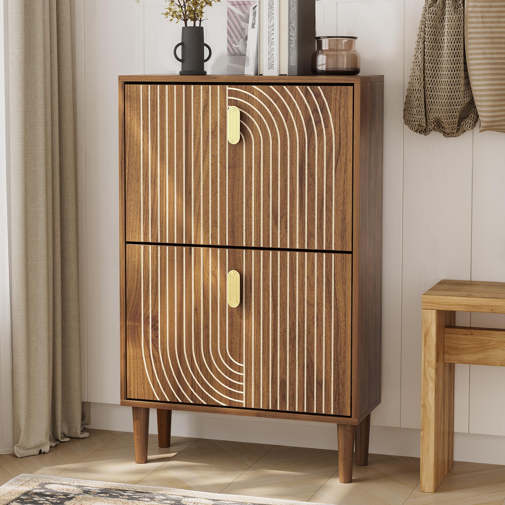 Morwdxef Shoe Cabinet Storage for Entryway with 2 Flip Drawers, Narrow Shoe Cabinet for Entryway, Hidden Slim Shoe Organizer Rack Cabinet (Walnut, 60cm Wide)