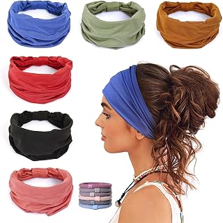 GiLi 6 Pack Non-Slip Wide Headbands for Women - Soft Elastic Yoga Running Workout Head Wraps, Knotted Cotton with 6 Hair Ties