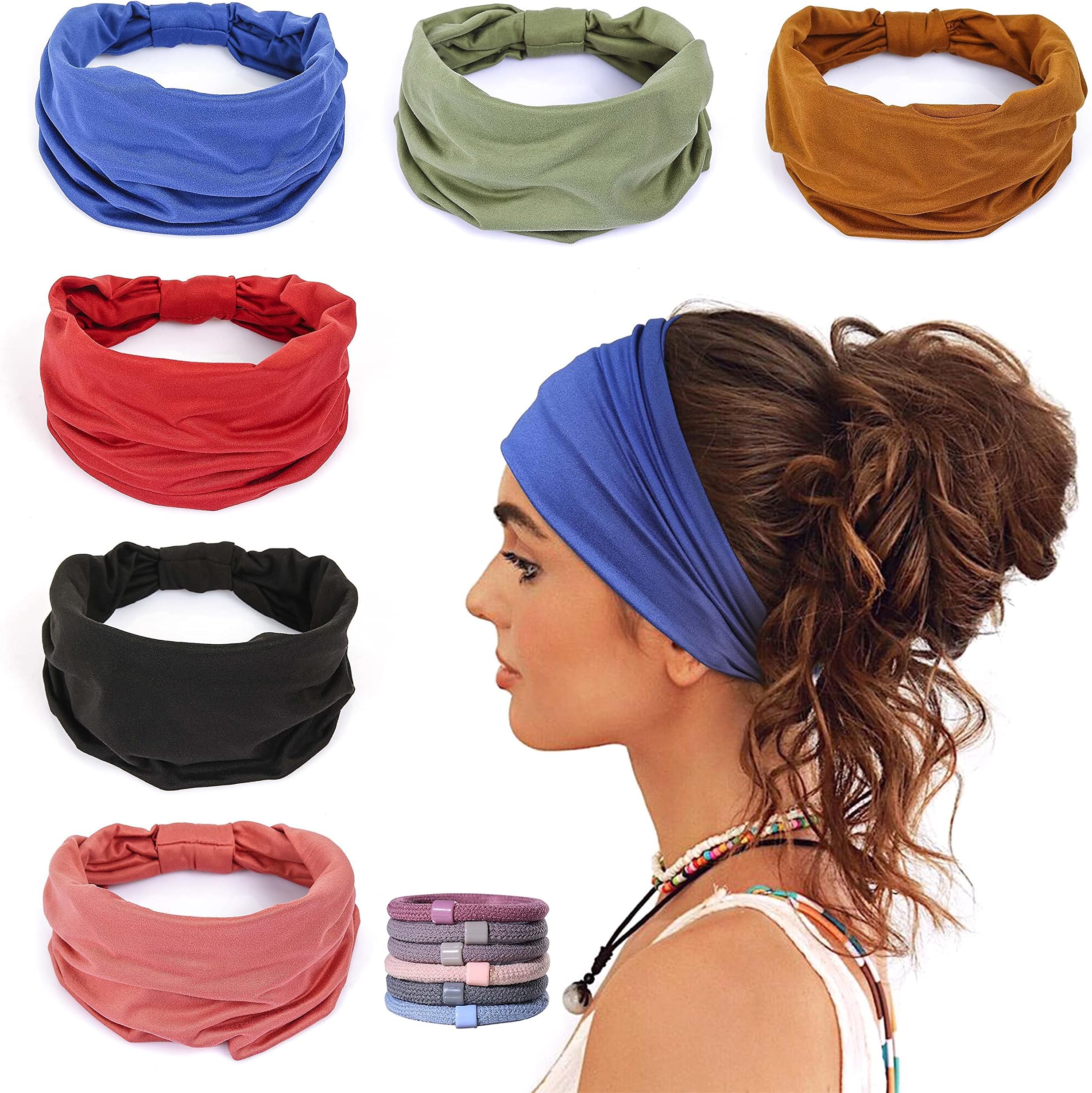 6 Pack Wide Headbands for Women Non Slip Soft Elastic Hair Bands Yoga Running Sports Workout Gym Head Wraps, Knotted Cotton Cloth African Turbans Bandana (with 6 Pcs Hair Ties)