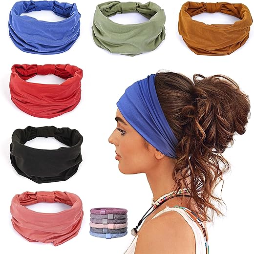 GILI 6 Pack Wide Headbands for Women Non Slip Soft Elastic Hair Bands Yoga Running Sports Workout Gym Head Wraps, Knotted Cotton Cloth African Turbans Bandana (with 6 Pcs Hair Ties)