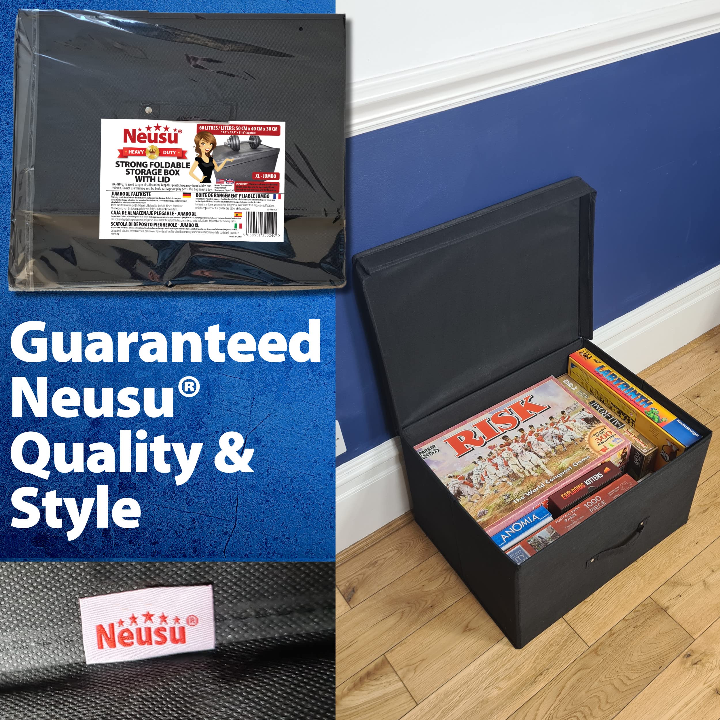 Buy Neusu Heavy Duty XL Foldable Storage Box 50cm x 40cm x 30cm (60 Litre Capacity) Black