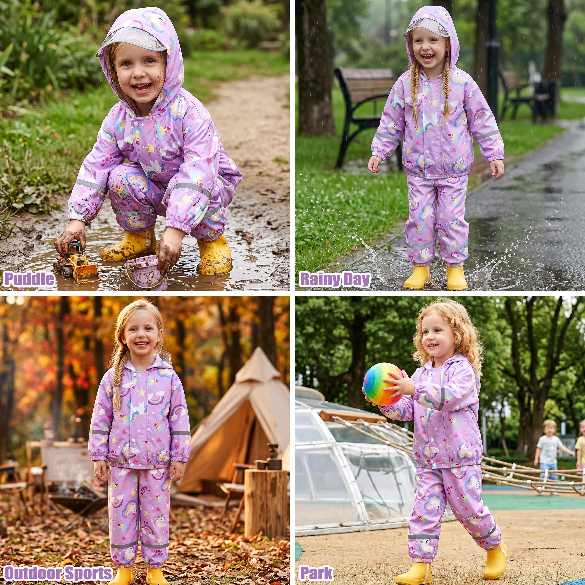 Traje de Lluvia Impermeable para Niñas, Conjunto de Chaqueta y Pantalón de Lluvia Ligero, Exteriores Impermeables Unicornio Abrigos con Capucha, Antiviento Chubasquero para 1-7 años