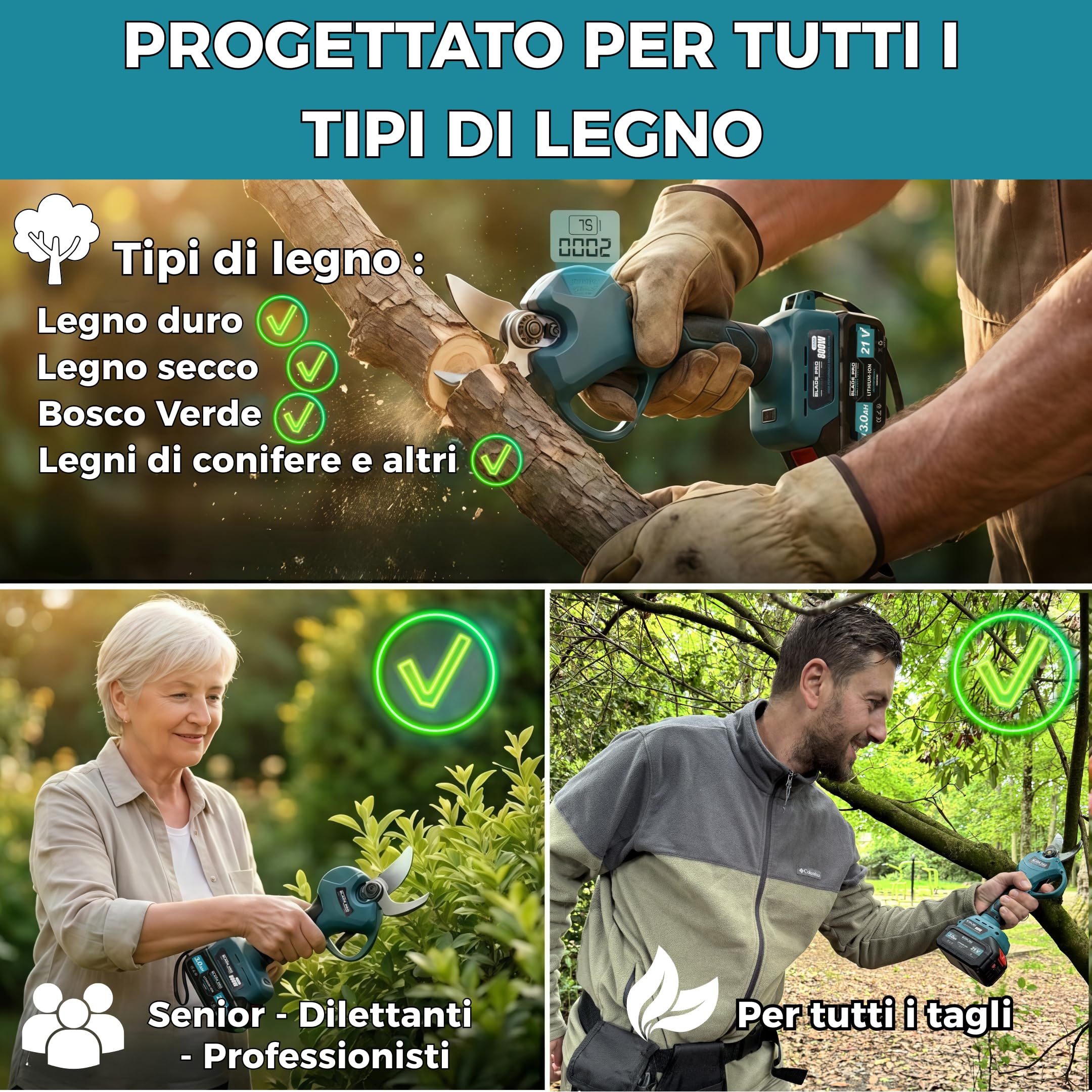 Forbici Potatura a Batteria 6000mAh Brushless fino a 40mm — Cesoie a Batteria Professionali — 2 Batterie 21V — Lama SK5 — Kit Completo 10 Pezzi BLADEPRO