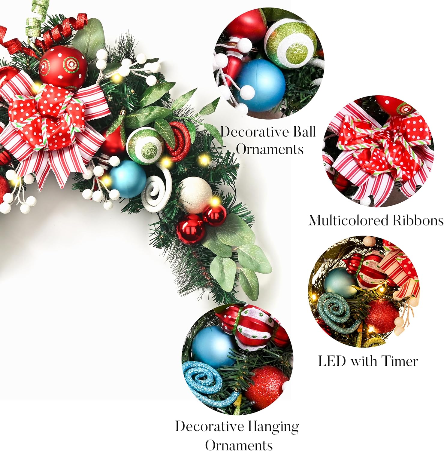 Valery Madelyn Pre-Lit Christmas Swag for Decorating Outdoor, 24 Inch Elf Red Green Mailbox Swag Decoration Teardrop with 20 LED Lights, Ball Ornaments for Front Door Stairway Window Shelf Xmas Decor