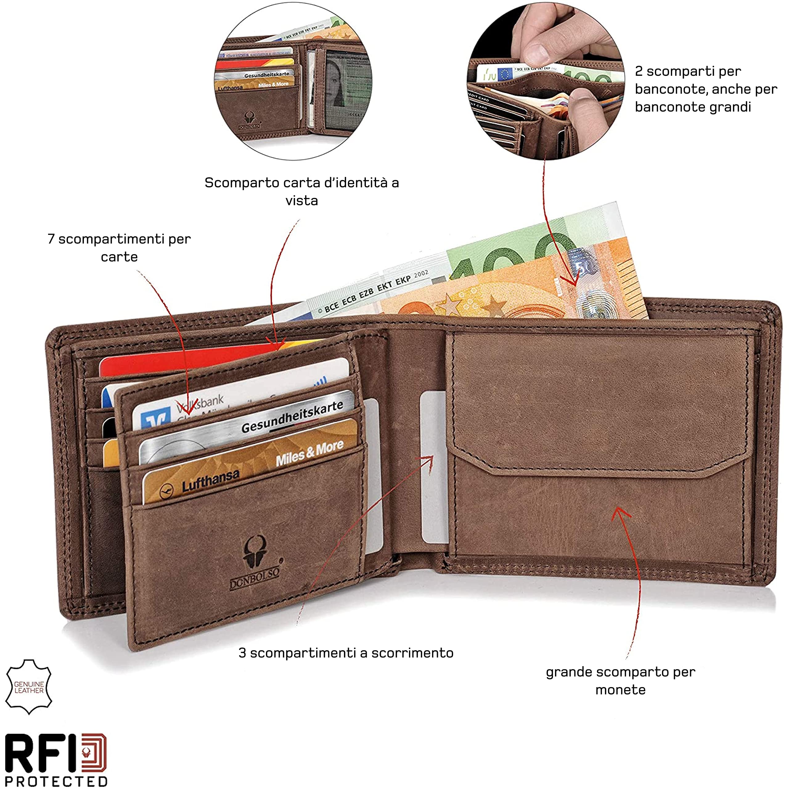 DONBOLSO Portafoglio Uomo Pelle Zurigo - XL Portafoglio Uomo con Portamonete e Blocco RFID - Design Vintage con Scomparti per Carte e Banconote - Vintage Marrone