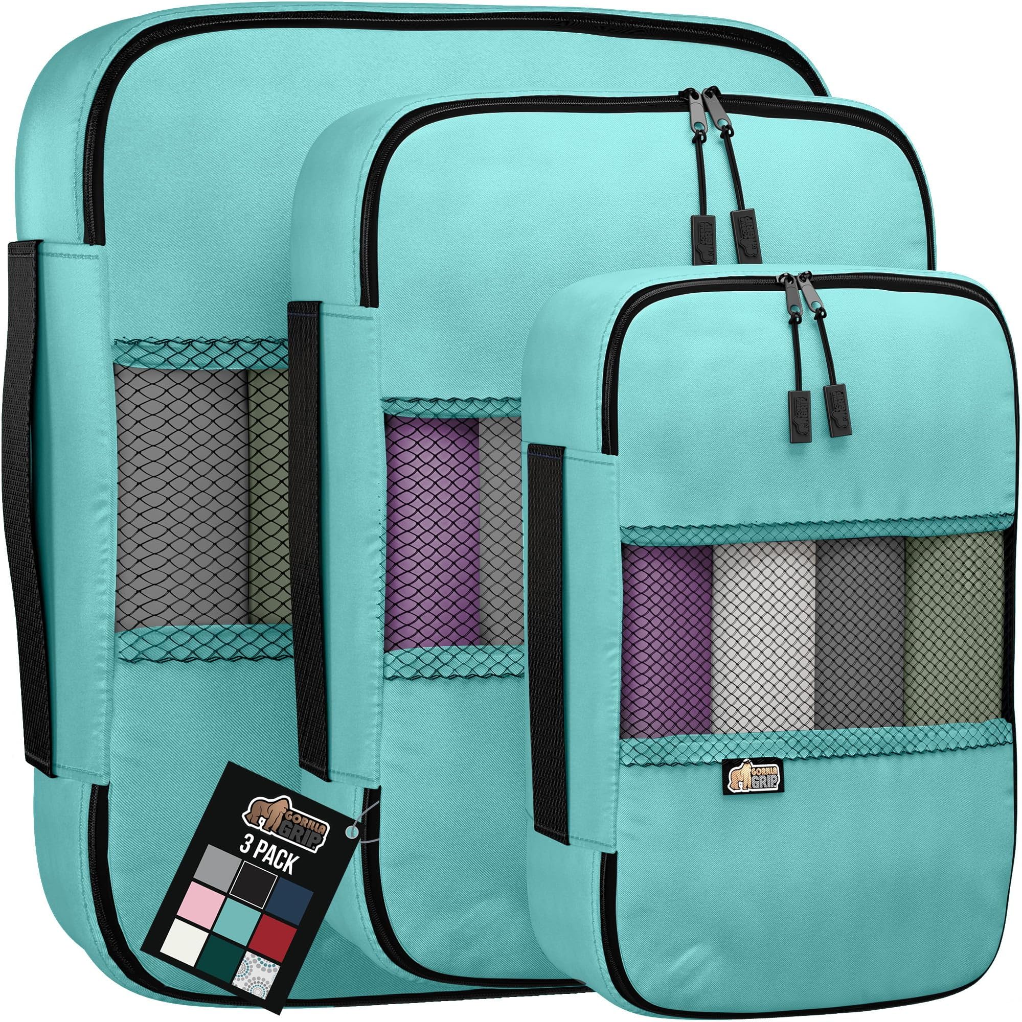 Gorilla GripGorilla Grip 3 Piece Packing Cubes Set, Compression Space Saving Organizers for Suitcases and Luggage, Mesh Window Bags, Travel Essentials for Carry On, Clothes and Shoes, Cube with Zipper, Turquoise