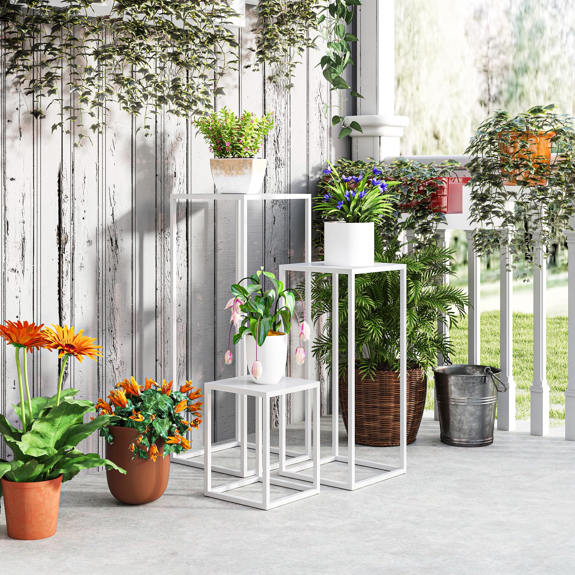 Outsunny 3 supporti per piante quadrati impilabili metallo bianco