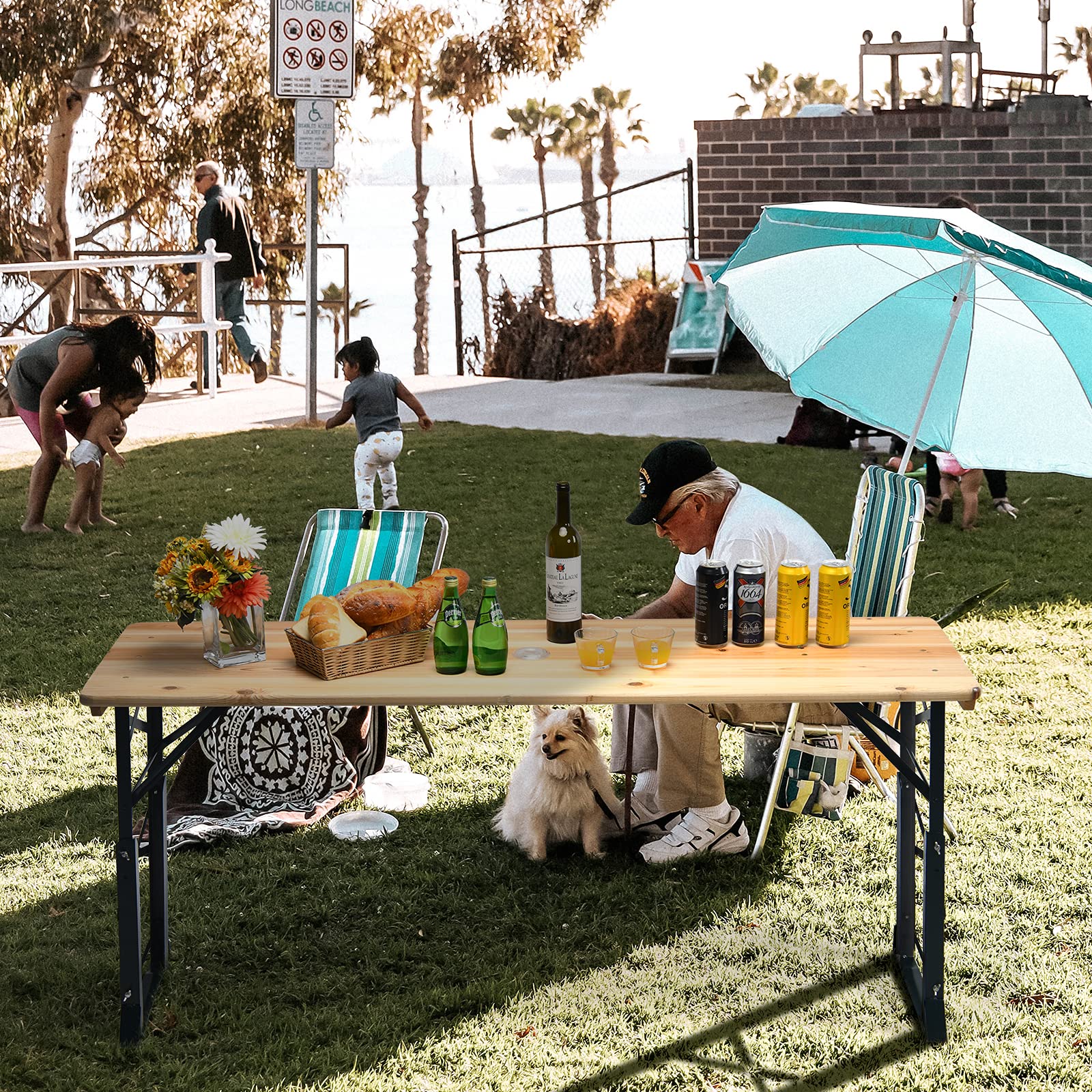 KOMFOTTEU Mesa Plegable de Camping de Madera Maciza, Mesa de Picnic con Orificio de Sombrilla y Altura Ajustable, para Jardín, Terreza, Picnic, Fiesta, 168,5 x 50 x 75/105 cm