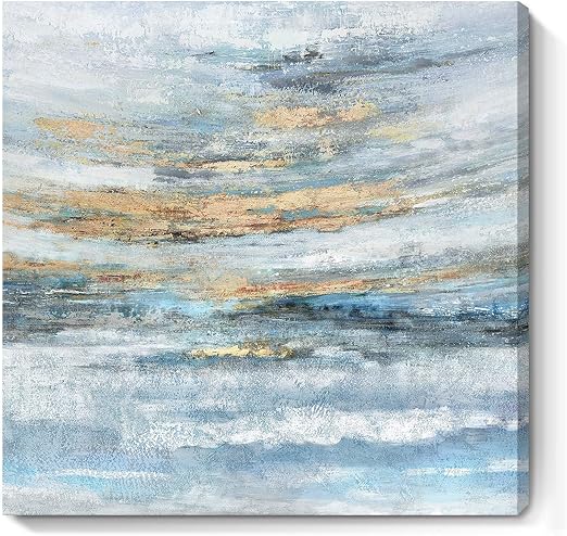 Bathroom Wall Art Abstract Canvas Art Print Modern Blue Ocean Picture Small Coastal Sunset & Sunrise Artwork for Sea Lake Themed Home Bedroom Décor 13.3x13.3inch