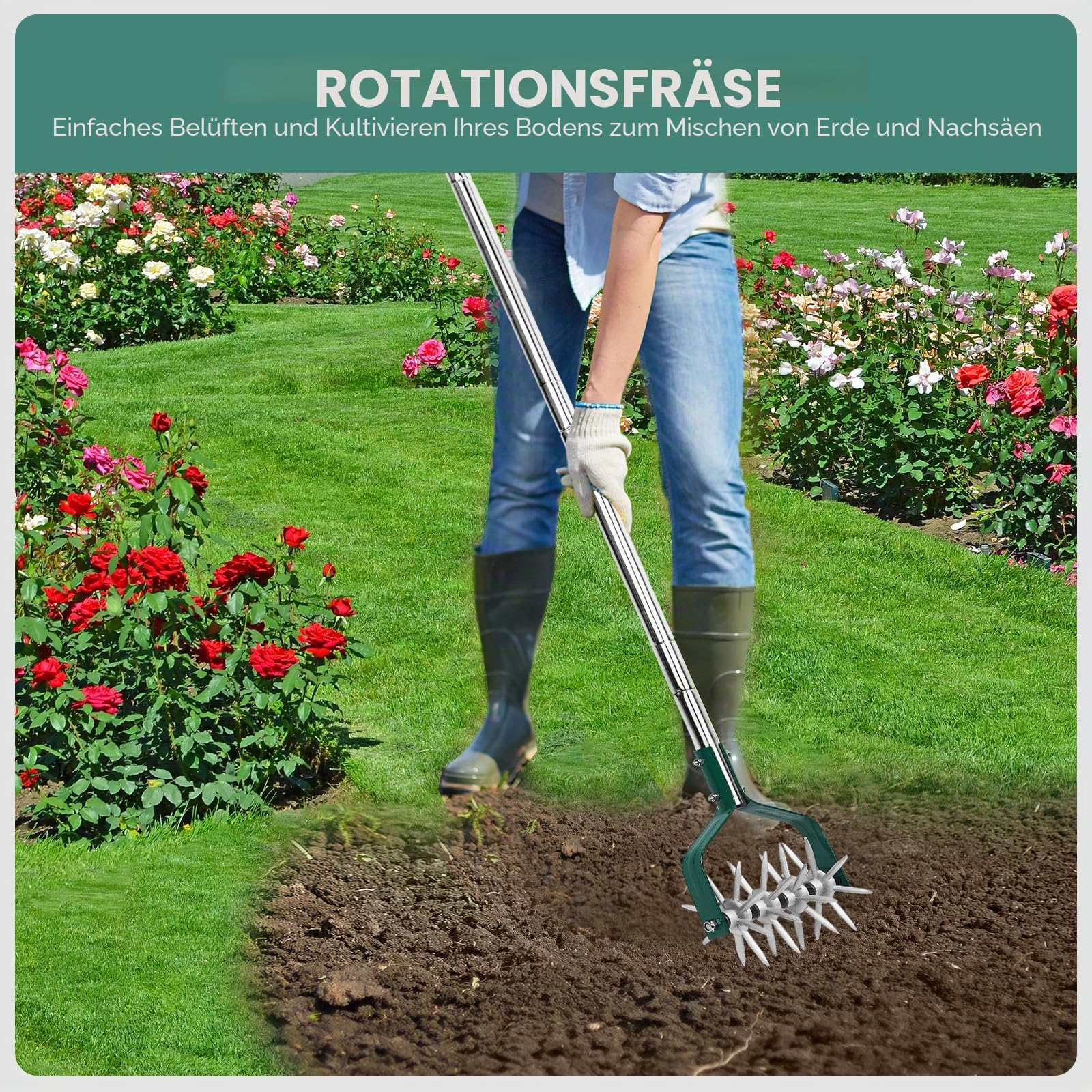 Yeelor Rotary Grubber Pinne Einstellbarer S/S Griff Rotary Pinne mit abnehmbaren massiven Metallzinken Gartenkultivator Rasenfräse und manuelle Pinne zum Lösen und Mischen von Erde
