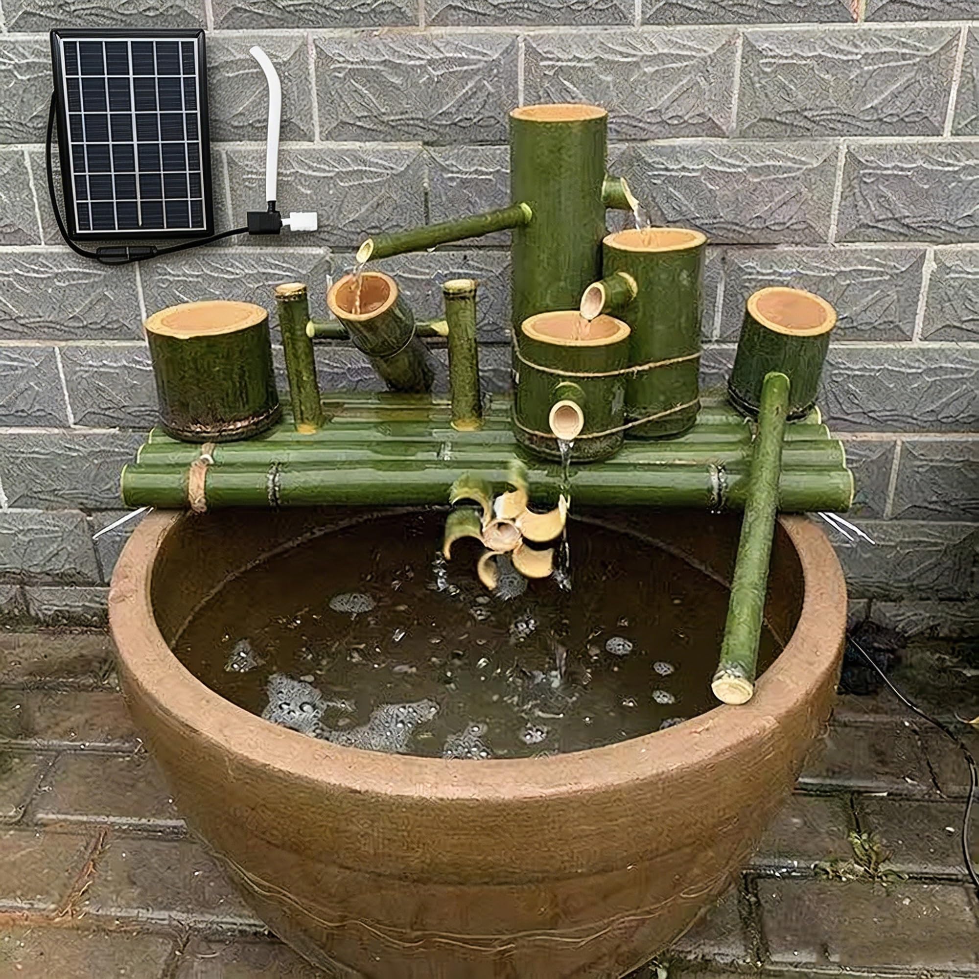 Bamboo Solar Water Fountain with Solar Panel, Japanese Style Outdoor Garden Waterfall, Zen Decorative Landscape Ornament for Patio Yard and Courtyardain Japanese(50CM)