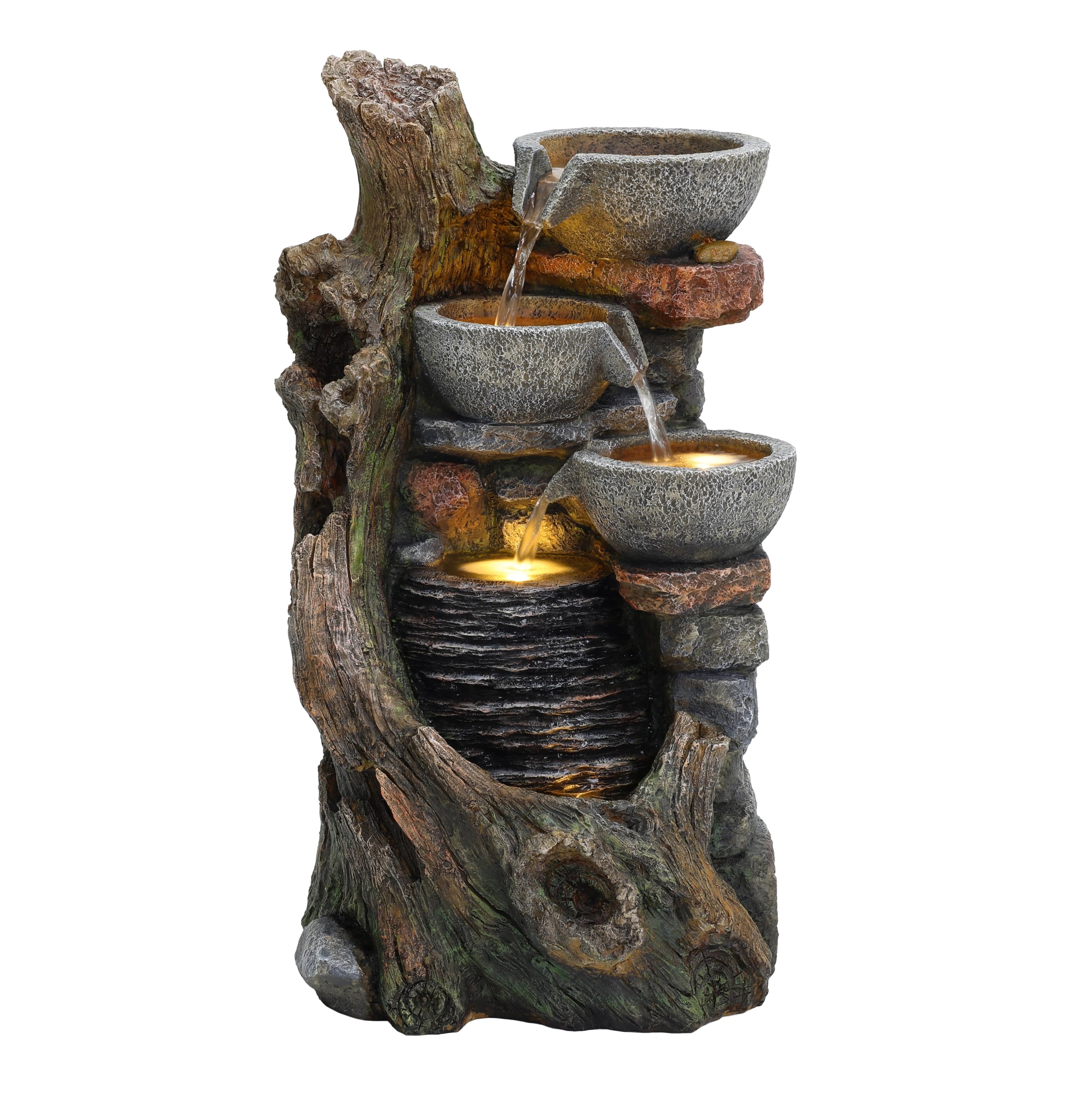 Fuente de Agua Exterior Eléctrica Rústica con 5 Luces LED, Cascada Decorativa Efecto Piedra y Madera para Jardín, Patio o Terraza, IP44 – Rustic Brook
