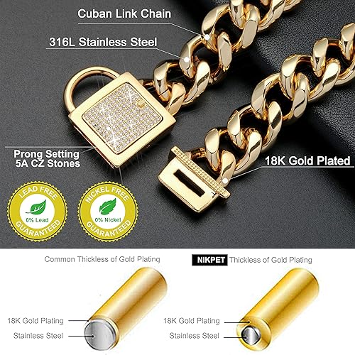 Miniatura 3 de Collar de cadena para perro con hebilla segura con circonitas cúbicas heladas de 18 quilates, cadena de eslabones cubanos de 0.748 in de grosor,