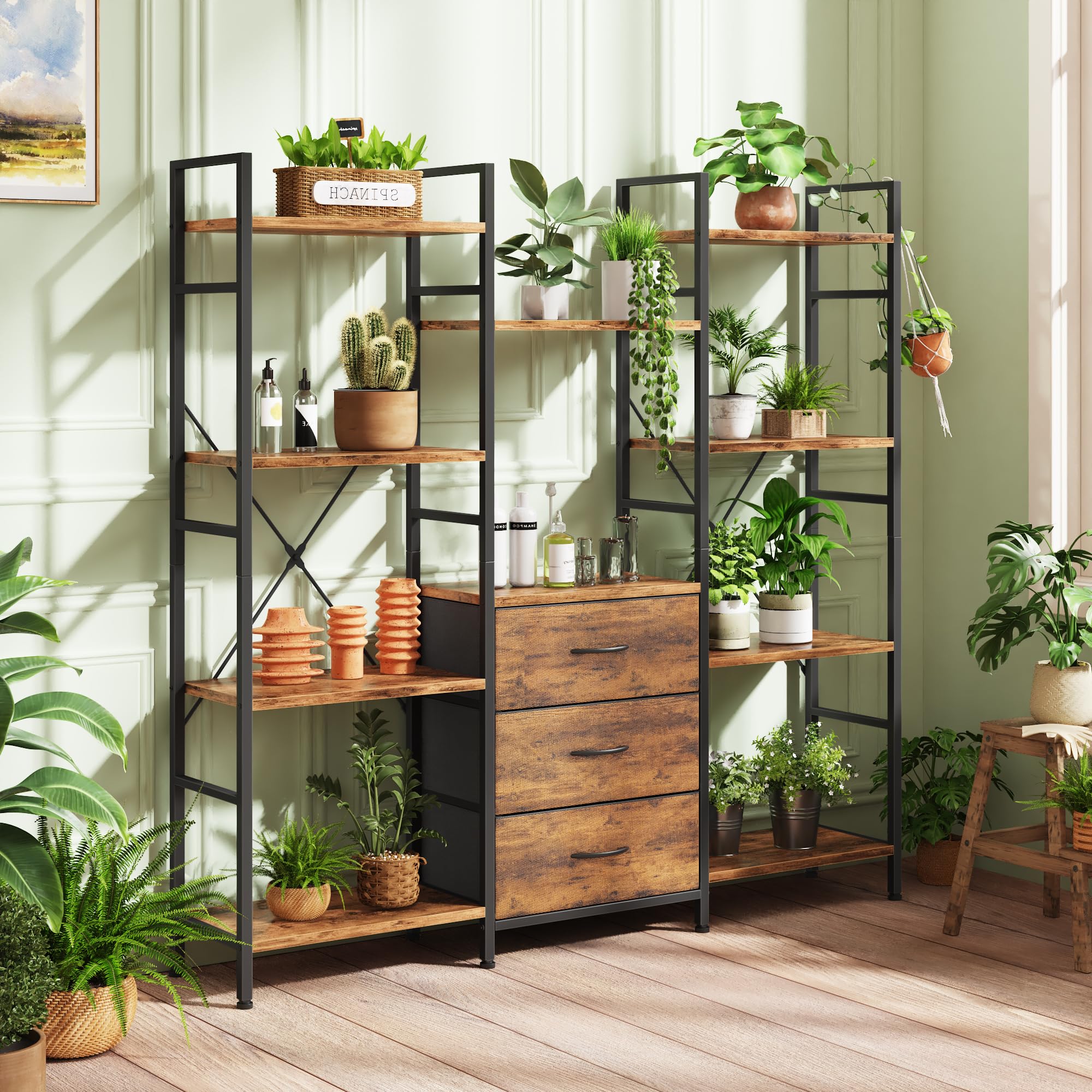 Bücherregal mit 3 Schubladen 120x142cm Standregal Raumteiler Industrial Style 10 offene Fächer 142cm Hoch