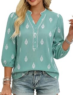 GRACE KARIN Boho Tops for Women Summer, Dressy Casual Floral Blouses, V Neck Button Up 3/4 Sleeve Shirts for Vacation