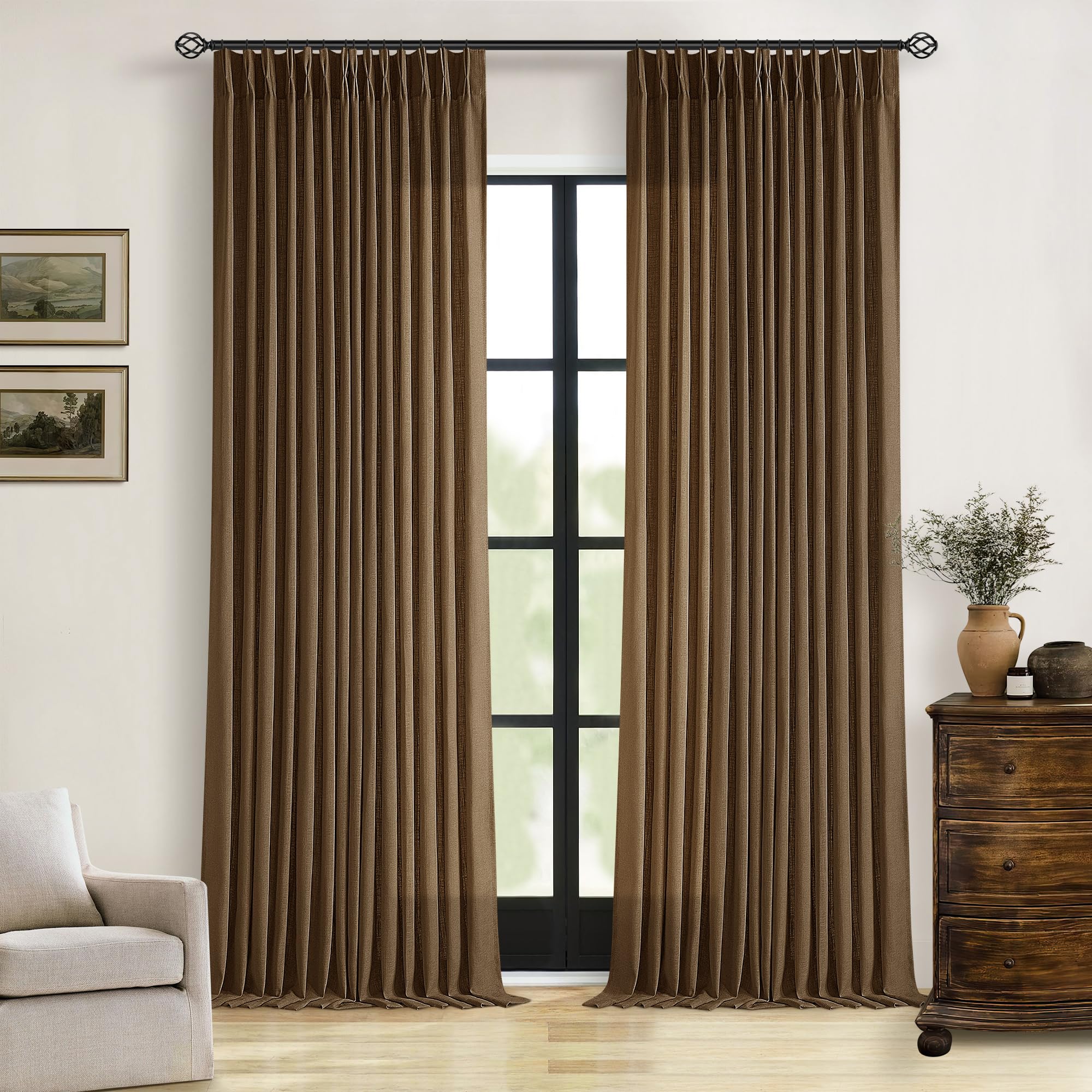 92 Inch Memory Shaped Light Filtering Linen Pleat Brown Window Curtains โ image 1