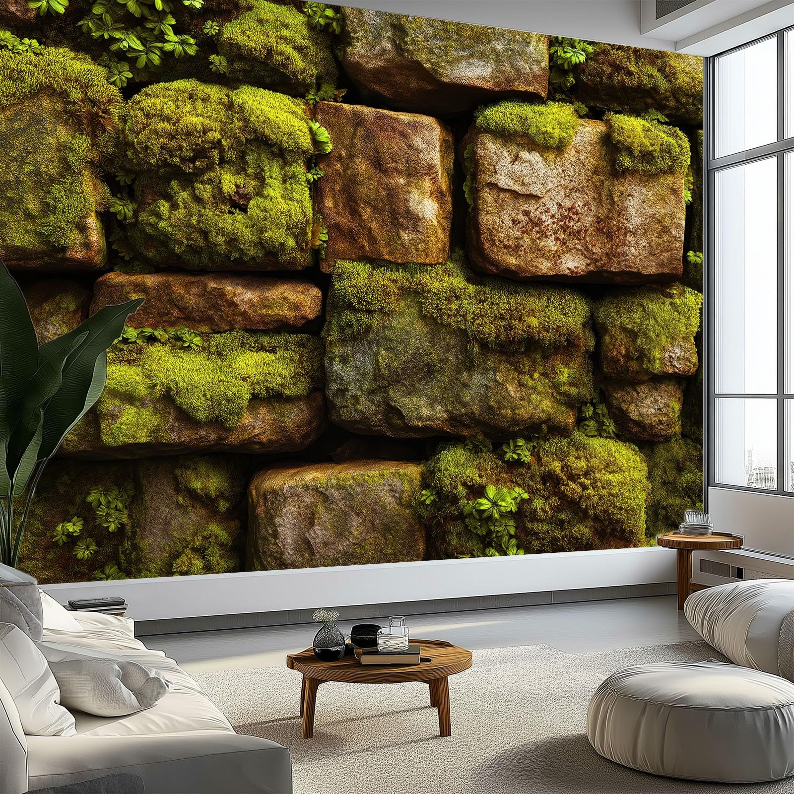 Générique Panoramiczna tapeta 200 x 140 cm nowoczesny kamień ściana mech zioła aromatyczne - tapeta z efektem 3D gobelin ścienny z włókniny - dekoracja ścienna do salonu, sypialni i kuchni zielona