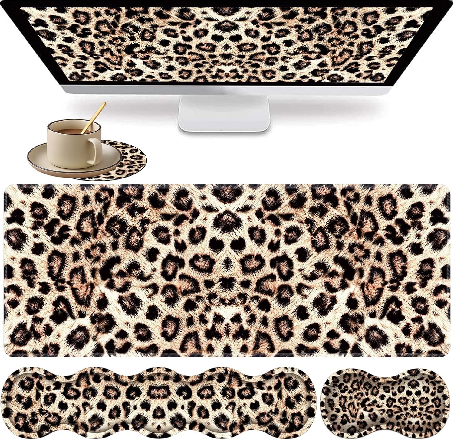 Large XXL Gaming Desk Mat 31.5"x 11.8", Ergonomic Keyboard Wrist Rest & Mouse Pad Wrist Rest + Coaster Set, Non-Slip Base, Memory Foam, Office and Home, Leopard Print