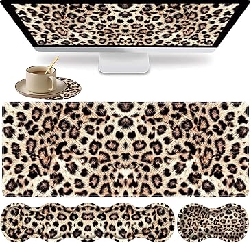 Large XXL Gaming Desk Mat 31.5"x 11.8", Ergonomic Keyboard Wrist Rest & Mouse Pad Wrist Rest + Coaster Set, Non-Slip Base, Memory Foam, Office and Home, Little Leopard Print
